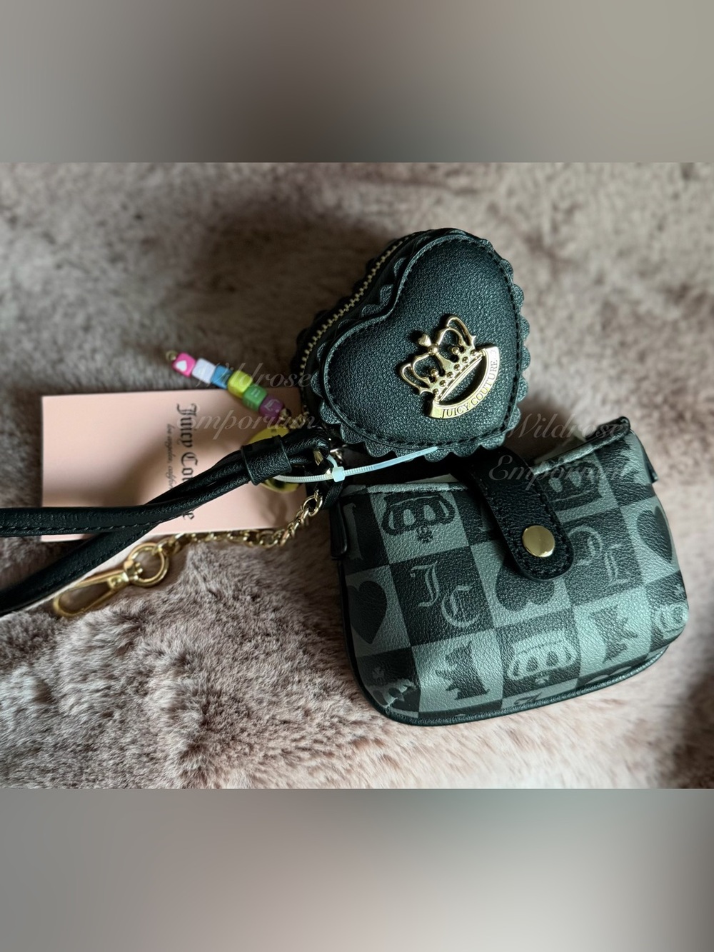 Juicy Couture Sweet break time wristlet heart coin pouch beaded charm black NEW